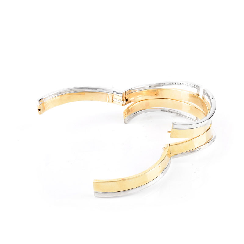 Contemporary Design Italian Diamond and 14 Karat Yellow and White Gold Hinged Cuff Bangle Bracelet.