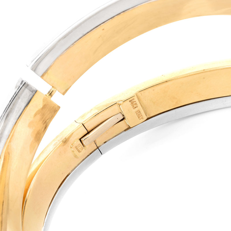 Contemporary Design Italian Diamond and 14 Karat Yellow and White Gold Hinged Cuff Bangle Bracelet.