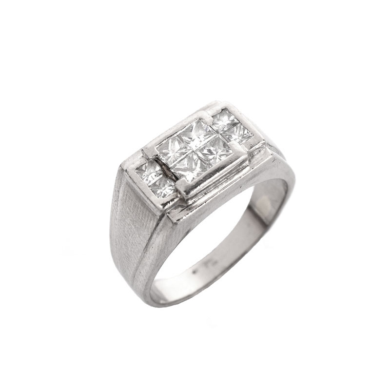 Man's Vintage Approx. 1.0 Carat Square Cut Diamond and 18 Karat White Gold Ring. Stamped 18K.