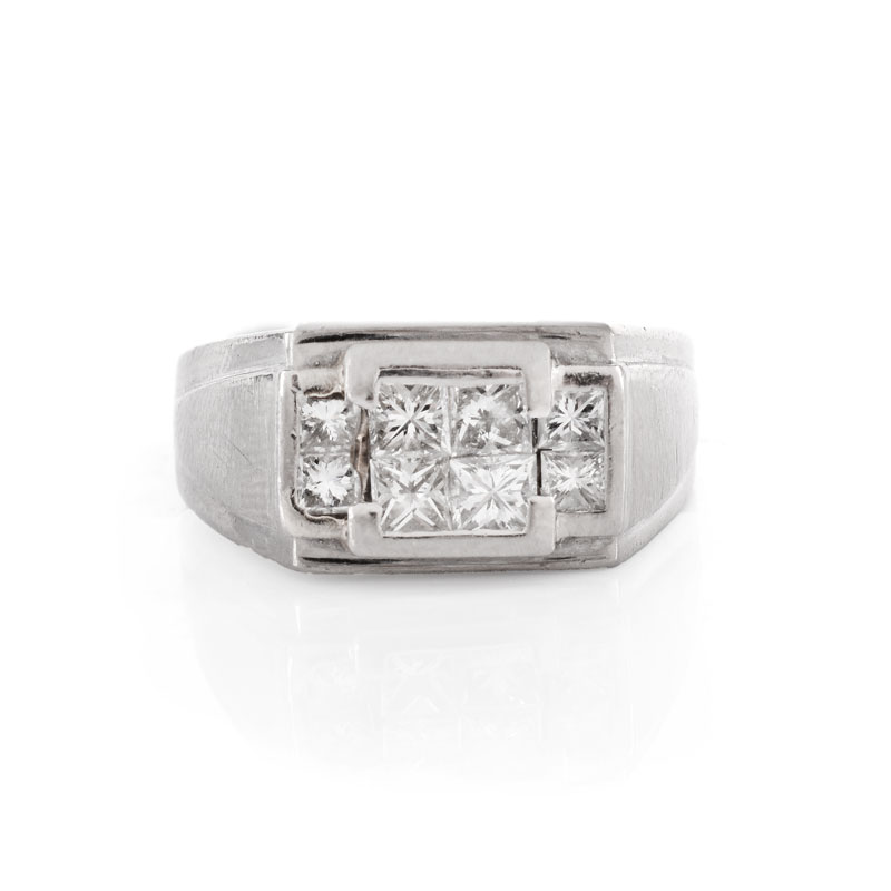 Man's Vintage Approx. 1.0 Carat Square Cut Diamond and 18 Karat White Gold Ring. Stamped 18K.