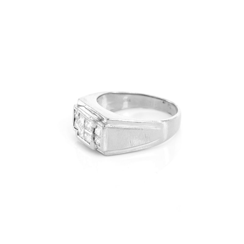 Man's Vintage Approx. 1.0 Carat Square Cut Diamond and 18 Karat White Gold Ring. Stamped 18K.