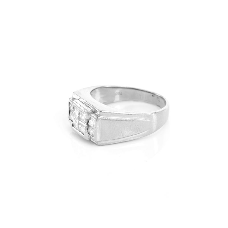 Man's Vintage Approx. 1.0 Carat Square Cut Diamond and 18 Karat White Gold Ring. Stamped 18K.