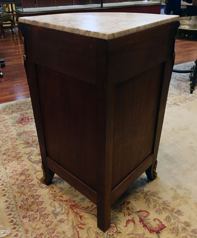 Pair of Gilt Bronze Mounted Mahogany and Inlaid Marquetry Inlaid Encoignures (corner cabinets) with Carrara Marble Top.