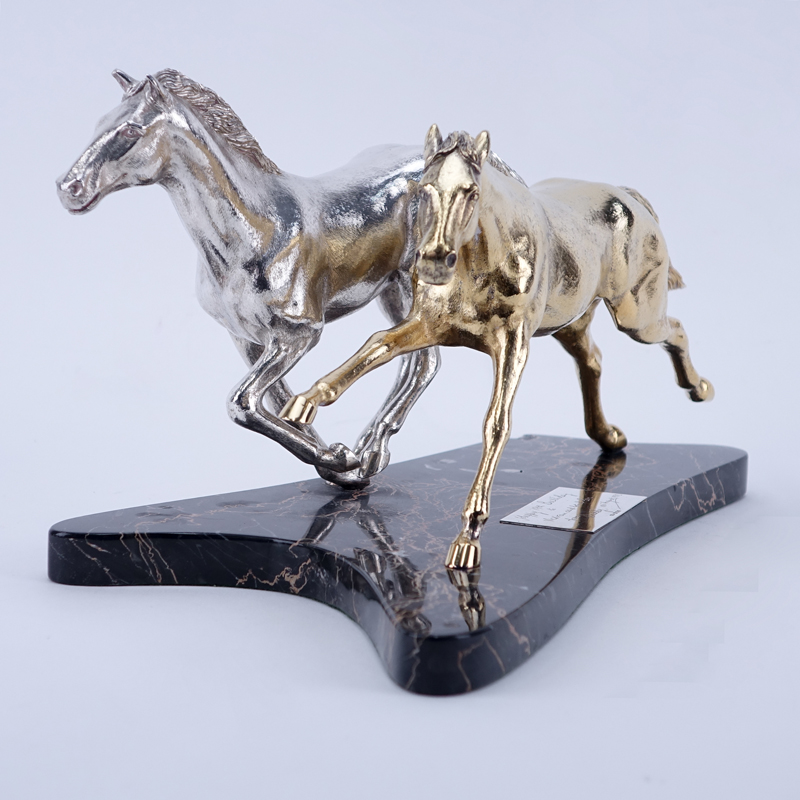 Important Asprey & Co. Sterling Silver and Vermeil Horses Sculpture Mounted on Marble Base.