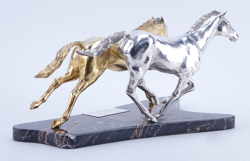 Important Asprey & Co. Sterling Silver and Vermeil Horses Sculpture Mounted on Marble Base.