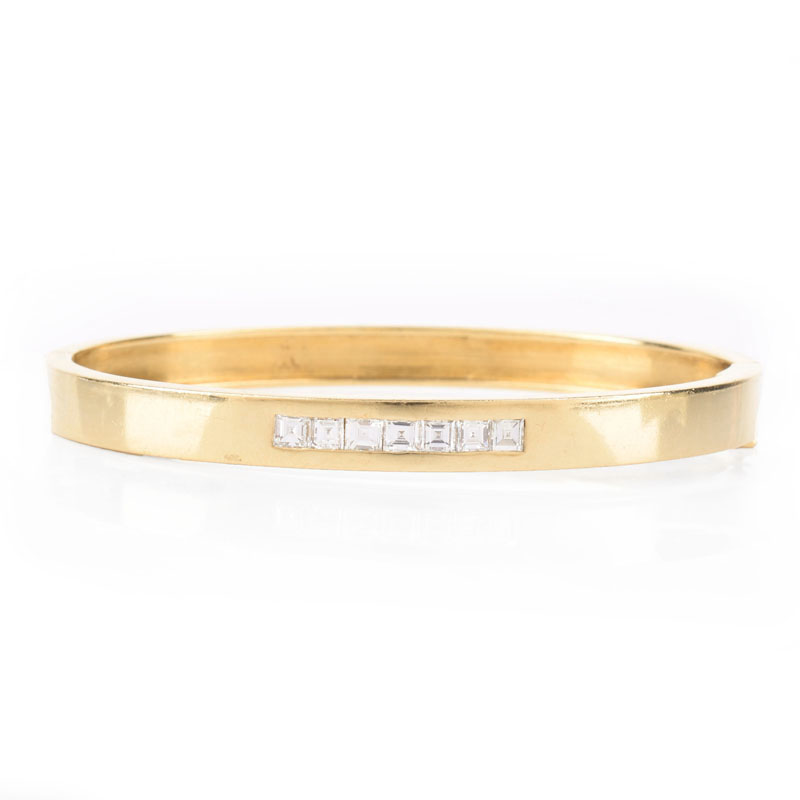 Vintage Cartier 18 Karat Yellow Gold and Square Cut Diamond Hinged Bangle Bracelet. Signed, stamped 18K. 