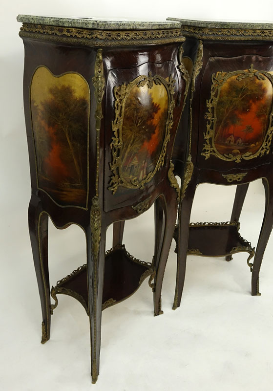 Pair of 20th Century Louis XV Style and Vernis Martin Style Ormolu Mounted Green Marble Top Cabinets.