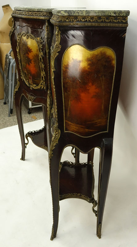 Pair of 20th Century Louis XV Style and Vernis Martin Style Ormolu Mounted Green Marble Top Cabinets.