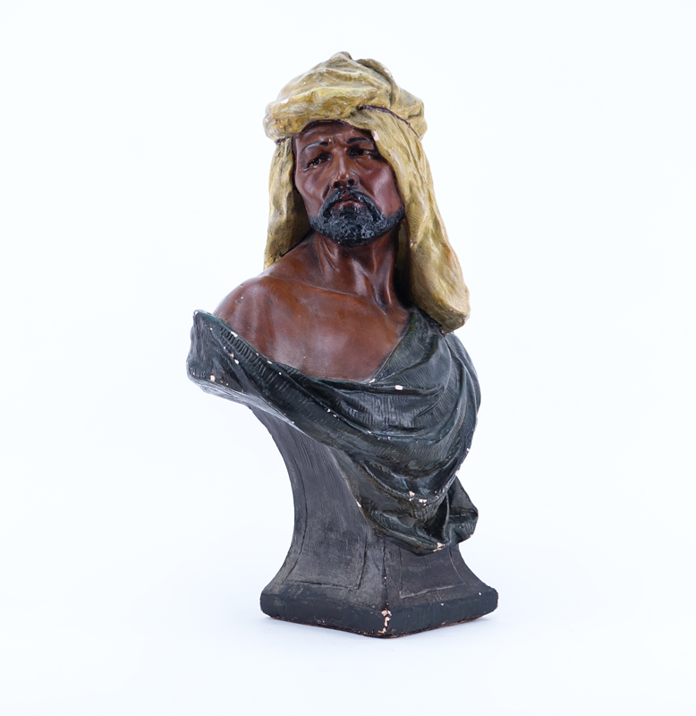 Vintage Polychrome Terra Cotta Bust "Arab Man". Unsigned. Wear and small losses, tape. Measures 20" H.