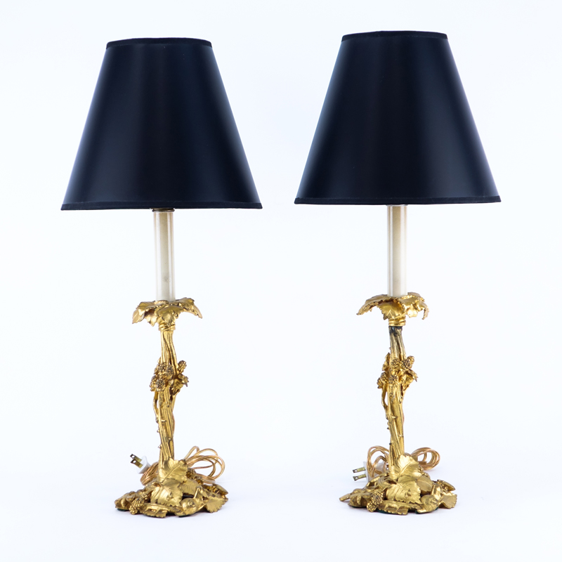 Pair Modern Gilt Bronze Candlesticks As Lamps. Interesting motif of leaves, berries, lizards, snails.