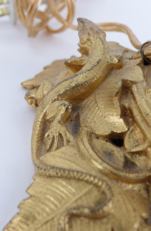 Pair Modern Gilt Bronze Candlesticks As Lamps. Interesting motif of leaves, berries, lizards, snails.