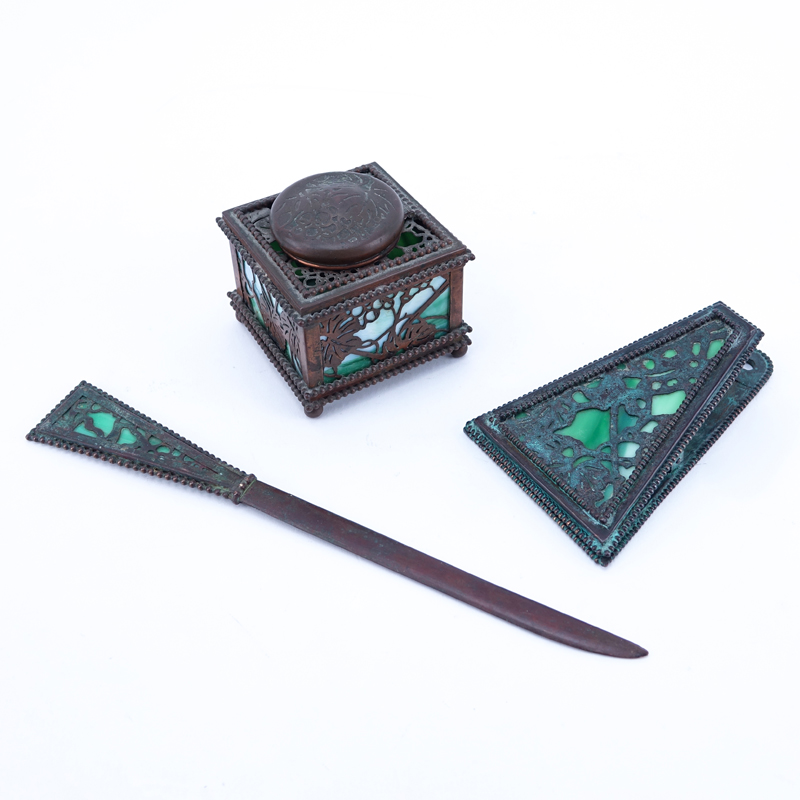 Three (3) Piece Tiffany Studios Grapevine Desk Accessories. Includes Inkwell, letter clip, letter opener.