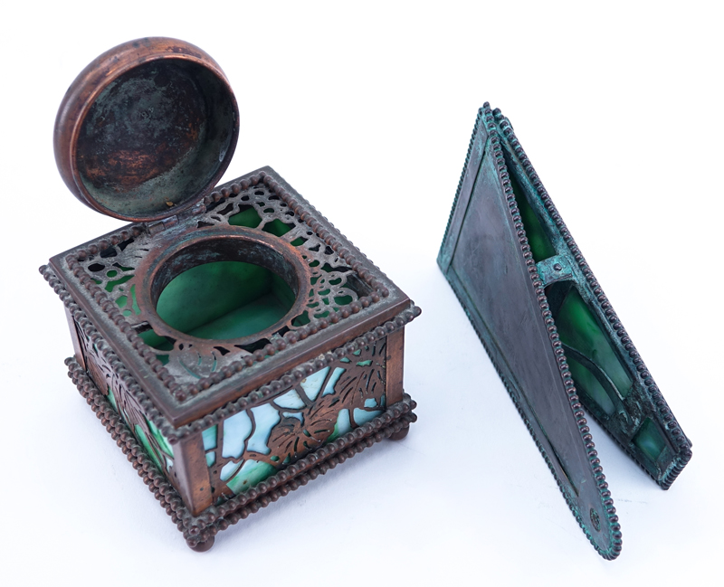 Three (3) Piece Tiffany Studios Grapevine Desk Accessories. Includes Inkwell, letter clip, letter opener.