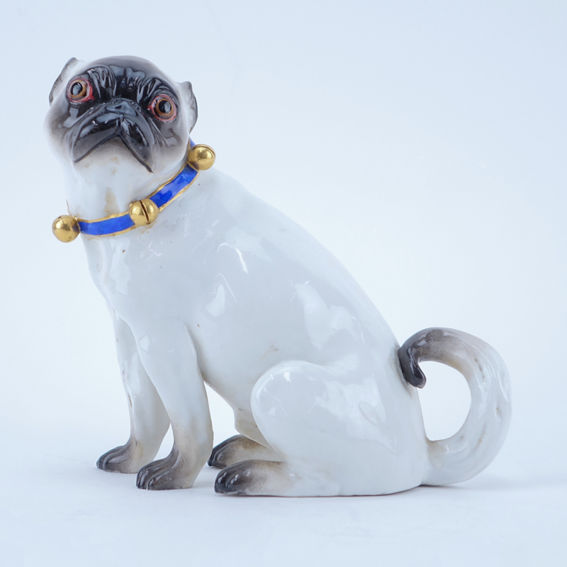 Antique Meissen Porcelain Pug Figurine. Signed with crossed swords mark. Small losses to collar and foot.