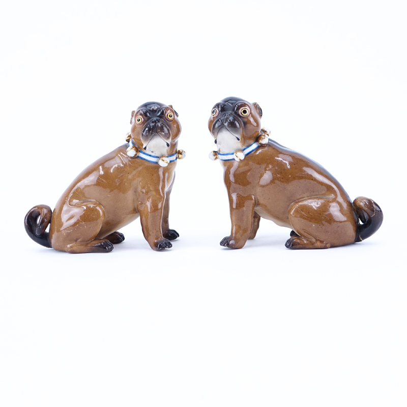 Pair Of Antique German Painted Porcelain Pug Figurines. No markings. Wear, one with repaired tail.