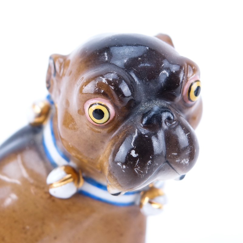 Pair Of Antique German Painted Porcelain Pug Figurines. No markings. Wear, one with repaired tail.