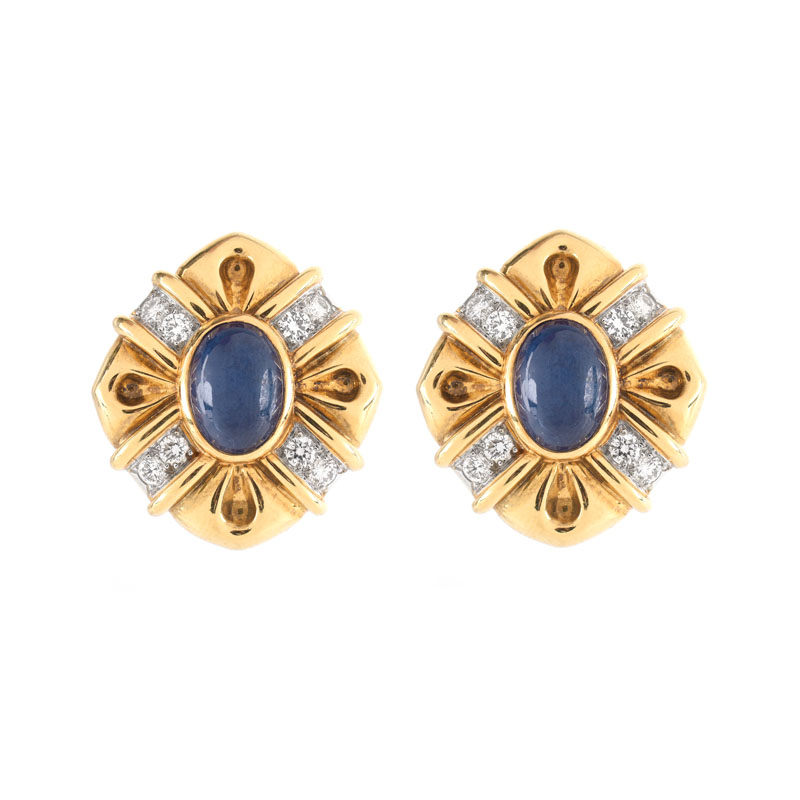 Approx. 11.50 Carat Cabochon Sapphire, 1.25 Carat Round Brilliant Cut Diamond, Platinum and 18 Karat Yellow Gold Earrings.