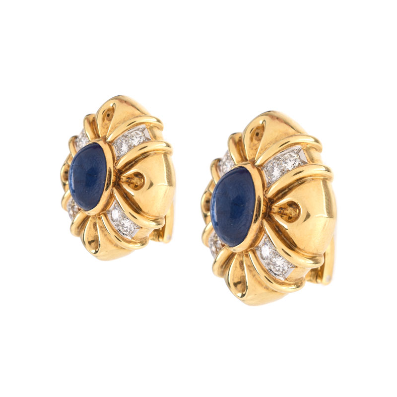 Approx. 11.50 Carat Cabochon Sapphire, 1.25 Carat Round Brilliant Cut Diamond, Platinum and 18 Karat Yellow Gold Earrings.