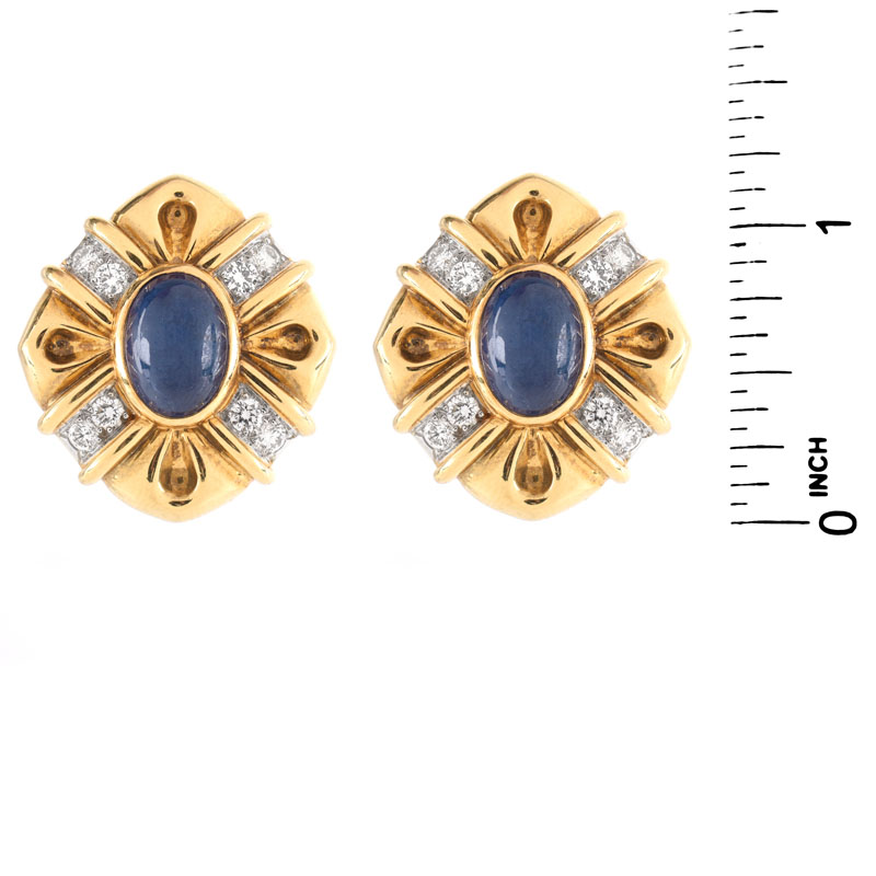 Approx. 11.50 Carat Cabochon Sapphire, 1.25 Carat Round Brilliant Cut Diamond, Platinum and 18 Karat Yellow Gold Earrings.