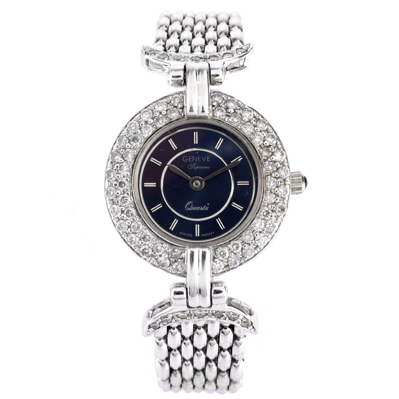 Lady's Vintage Geneve Supreme Diamond and 14 Karat White Gold Bracelet Watch with Quartz Movement.