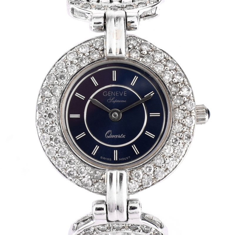 Lady's Vintage Geneve Supreme Diamond and 14 Karat White Gold Bracelet Watch with Quartz Movement.