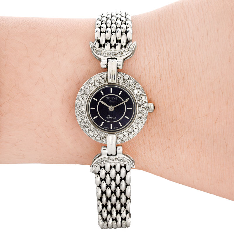 Lady's Vintage Geneve Supreme Diamond and 14 Karat White Gold Bracelet Watch with Quartz Movement.