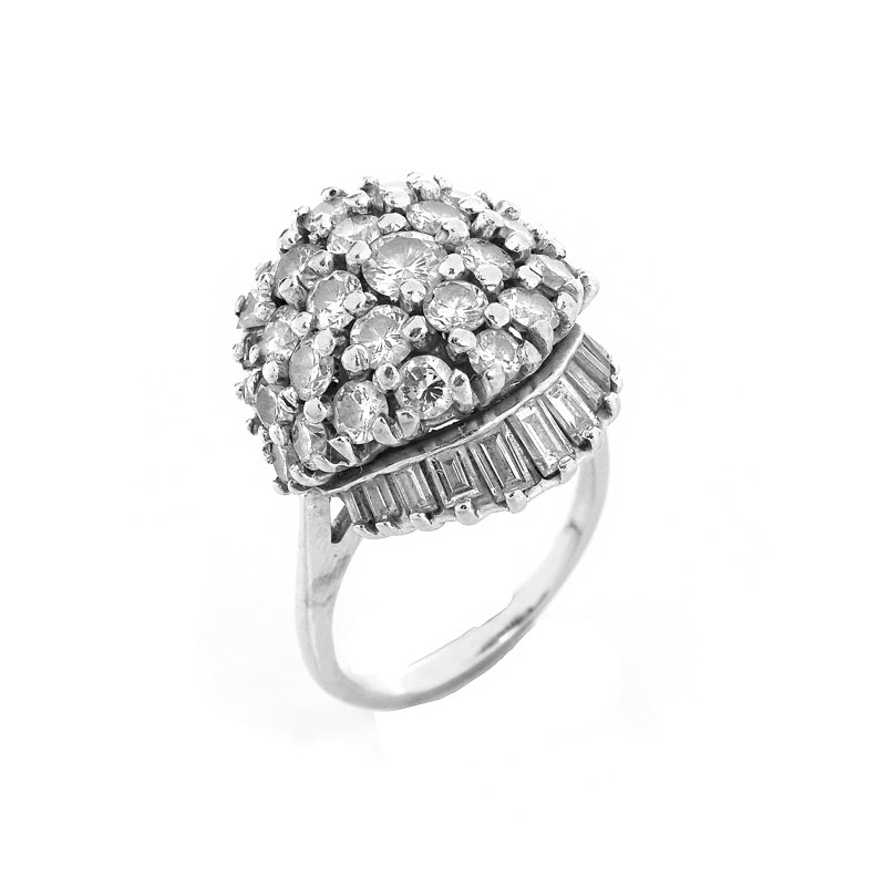 Vintage Approx. 3.0 Carat Round Brilliant and Baguette Cut Diamond and 14 Karat White Gold Dome Ring.
