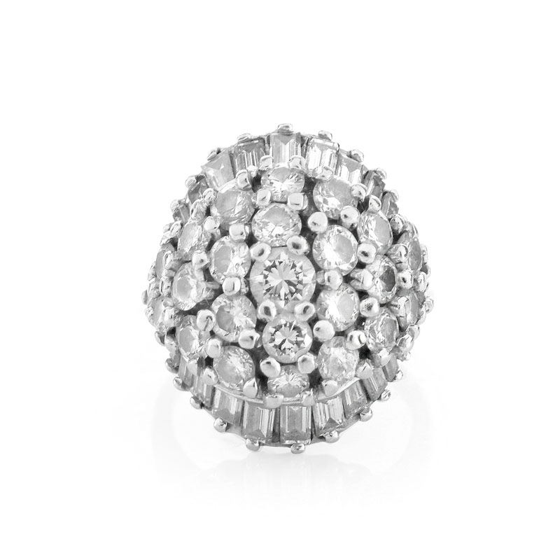 Vintage Approx. 3.0 Carat Round Brilliant and Baguette Cut Diamond and 14 Karat White Gold Dome Ring.