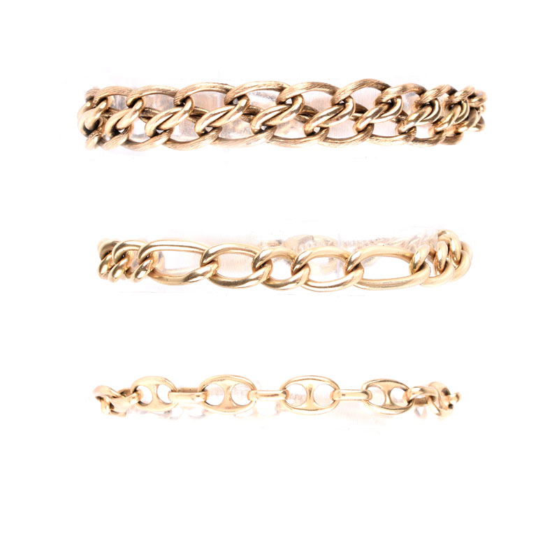 Three (3) Vintage 14 Karat Yellow Gold Link Bracelets. Stamped 14K. Good vintage condition. Largest 7-1/4" L, 3/8" W.