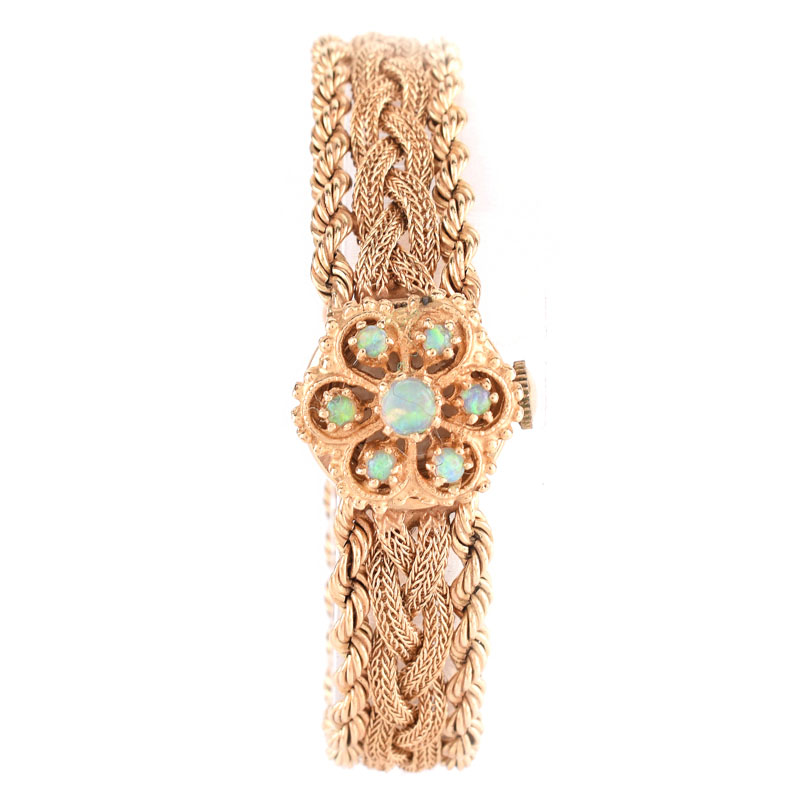 Lady's Vintage La Forge 14 Karat Yellow Gold and Opal Bracelet Watch. Signed, stamped 14K.