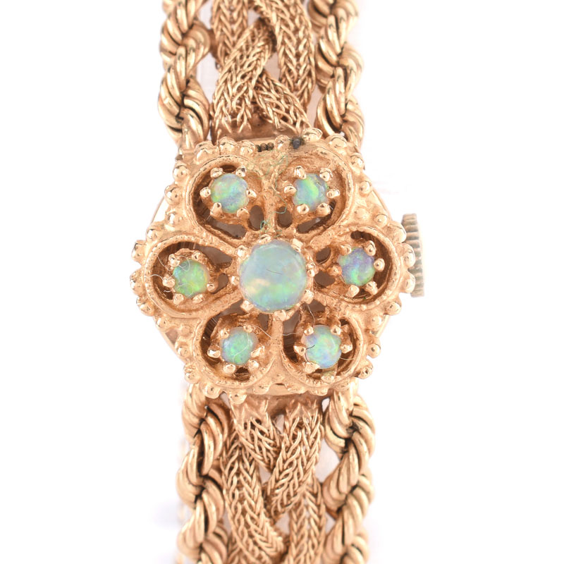 Lady's Vintage La Forge 14 Karat Yellow Gold and Opal Bracelet Watch. Signed, stamped 14K.