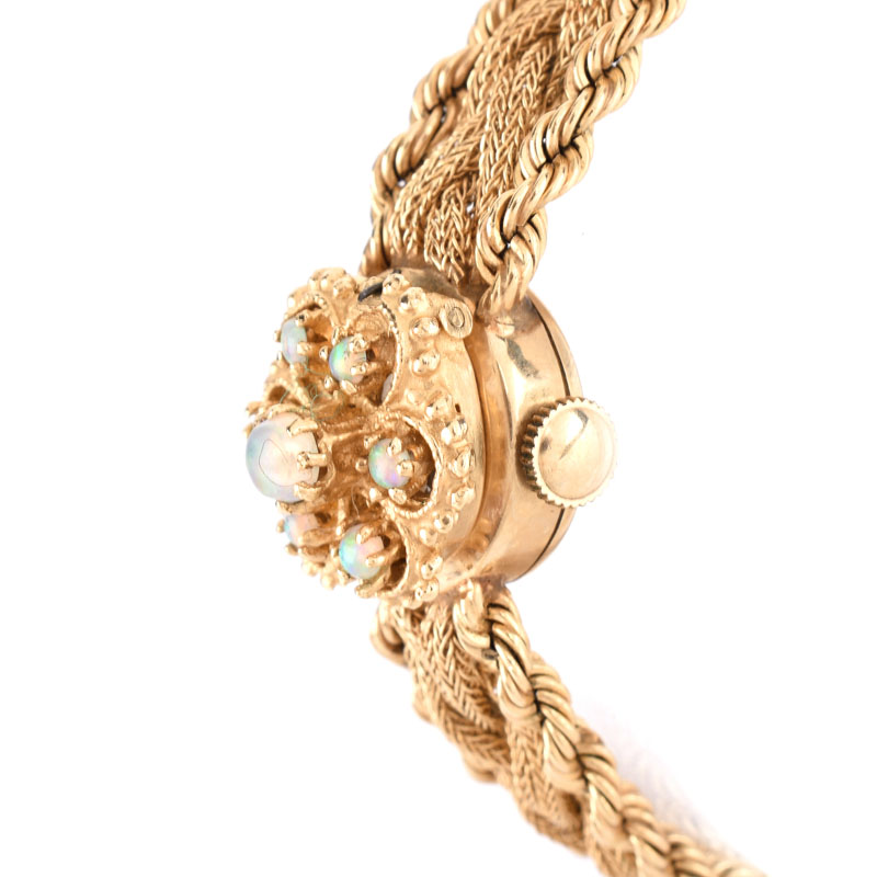 Lady's Vintage La Forge 14 Karat Yellow Gold and Opal Bracelet Watch. Signed, stamped 14K.