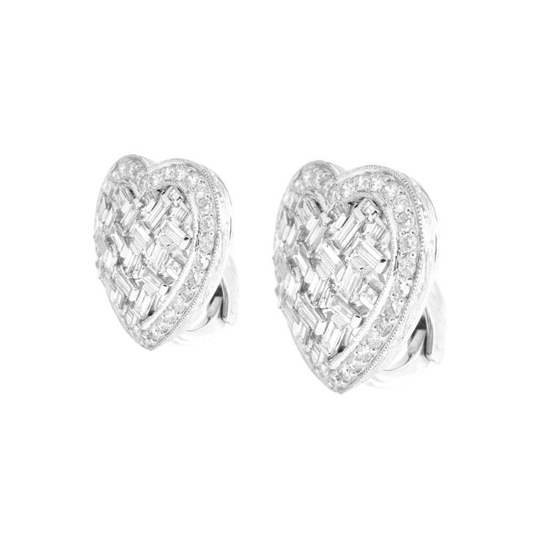 Approx. 4.0 Carat Baguette and Round Brilliant Cut Diamond and Platinum Earrings. Signed Plat.