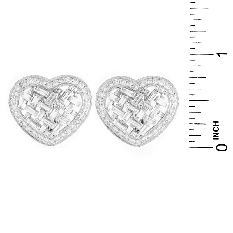 Approx. 4.0 Carat Baguette and Round Brilliant Cut Diamond and Platinum Earrings. Signed Plat.