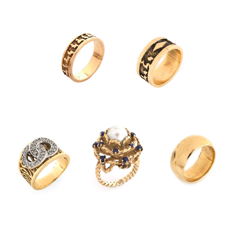 Collection of Five (5) Vintage 14 Karat Yellow Gold Rings, One with small Diamond Accents, one with Pearl and Sapphire Accents.