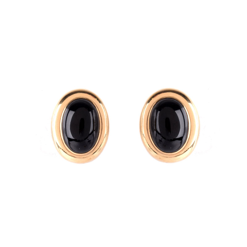 Two (2) Pair of 14 Karat Yellow Gold Earrings, one with black onyx; a 14 Karat Yellow Gold Monogram Pin and a Two (2) US $1 pin.