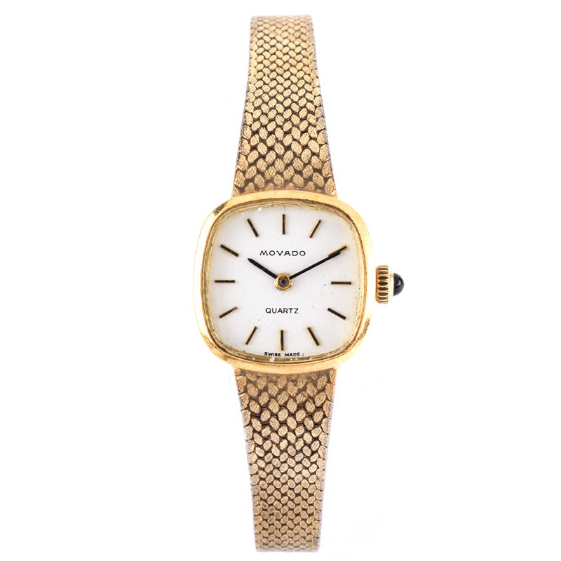 Lady's Vintage Movado 14 Karat Yellow Gold Bracelet Watch with Quartz Movement. Signed, stamped 585.