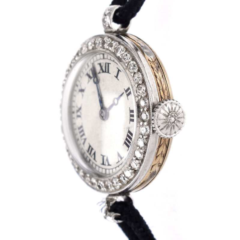 Edwardian Circa 1912 Lady's Waltham Diamond, Platinum and 14 Karat Yellow Gold Watch with Silk Cord Strap, Manual Movement.