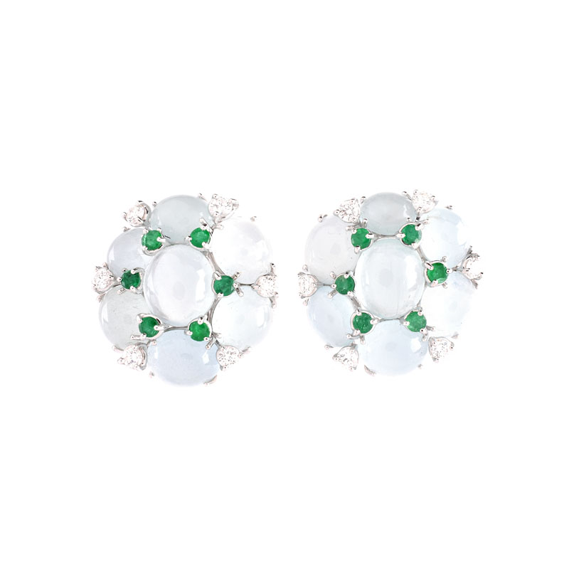 Approx. 34.50 Carat Cabochon Aquamarine, 1.0 Carat Emerald, 1.0 Carat Diamond and Platinum Earrings.