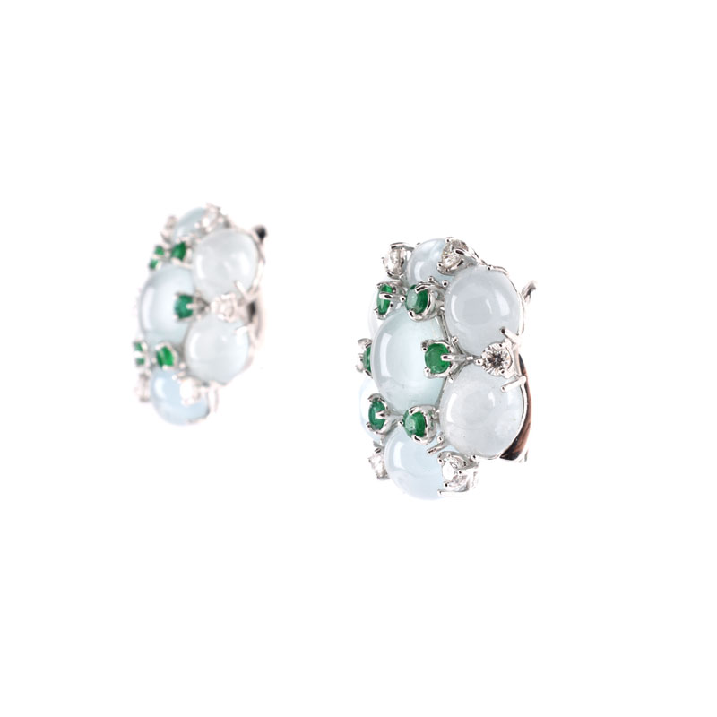 Approx. 34.50 Carat Cabochon Aquamarine, 1.0 Carat Emerald, 1.0 Carat Diamond and Platinum Earrings.