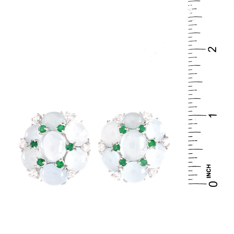 Approx. 34.50 Carat Cabochon Aquamarine, 1.0 Carat Emerald, 1.0 Carat Diamond and Platinum Earrings.