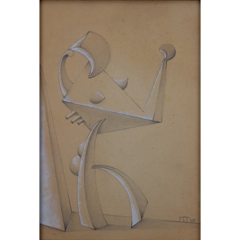 Mid-Century Surrealist School Pencil and White Chalk On Tan Paper "Abstract". Signed M.T. 