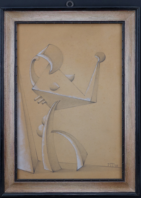 Mid-Century Surrealist School Pencil and White Chalk On Tan Paper "Abstract". Signed M.T. 