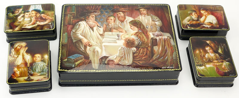 Large Russian Lacquer Box with Four (4) Smaller Boxes Inside. Depicts Judaica scenes. Artist signed.