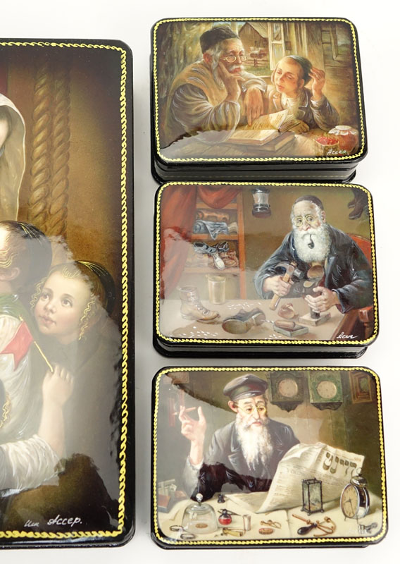 Large Russian Lacquer Box with Four (4) Smaller Boxes Inside. Depicts Judaica scenes. Artist signed.