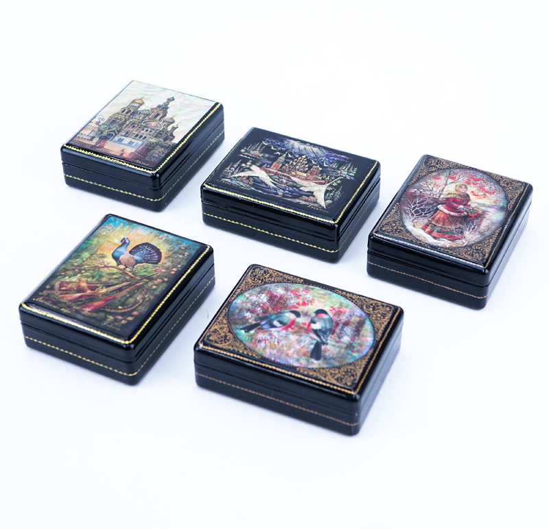 A Group of Five (5) Russian Lacquer Paper Mache Boxes. Signed to top. Good condition.