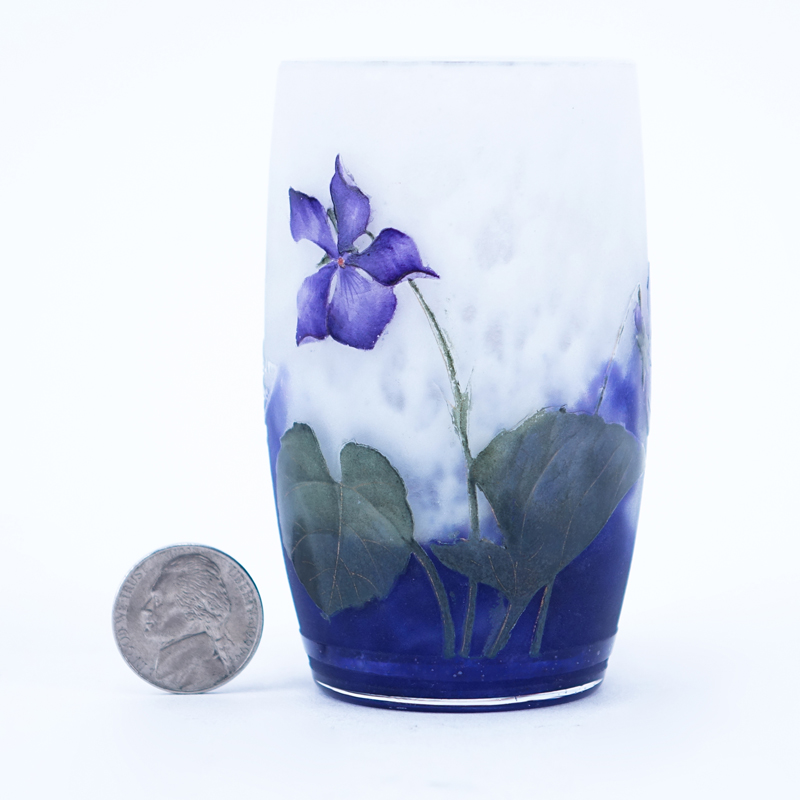 Art Nouveau Period Daum Nancy Cameo Glass Miniature Vase "Violets". Signed Daum Nancy. Good Condition.