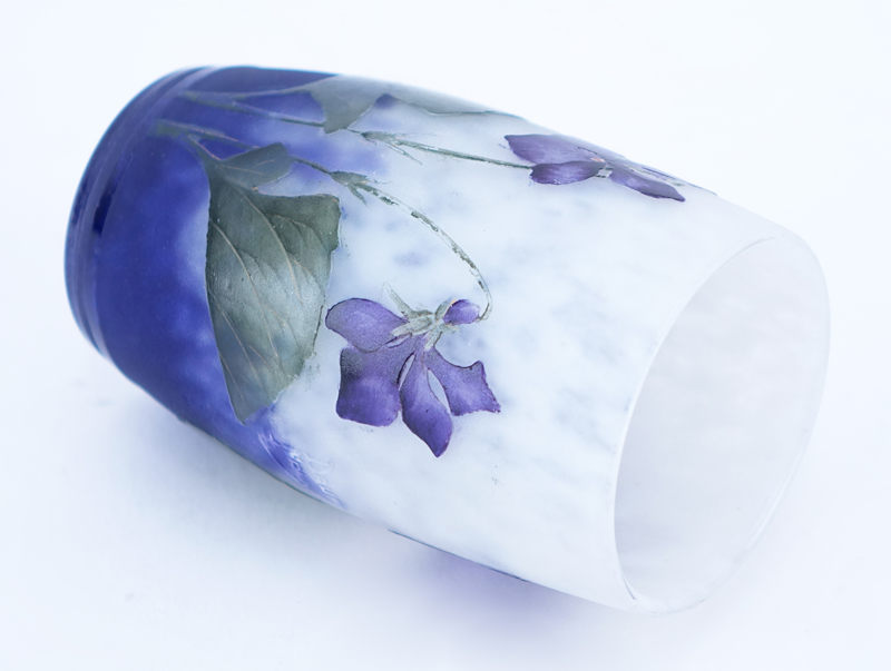 Art Nouveau Period Daum Nancy Cameo Glass Miniature Vase "Violets". Signed Daum Nancy. Good Condition.