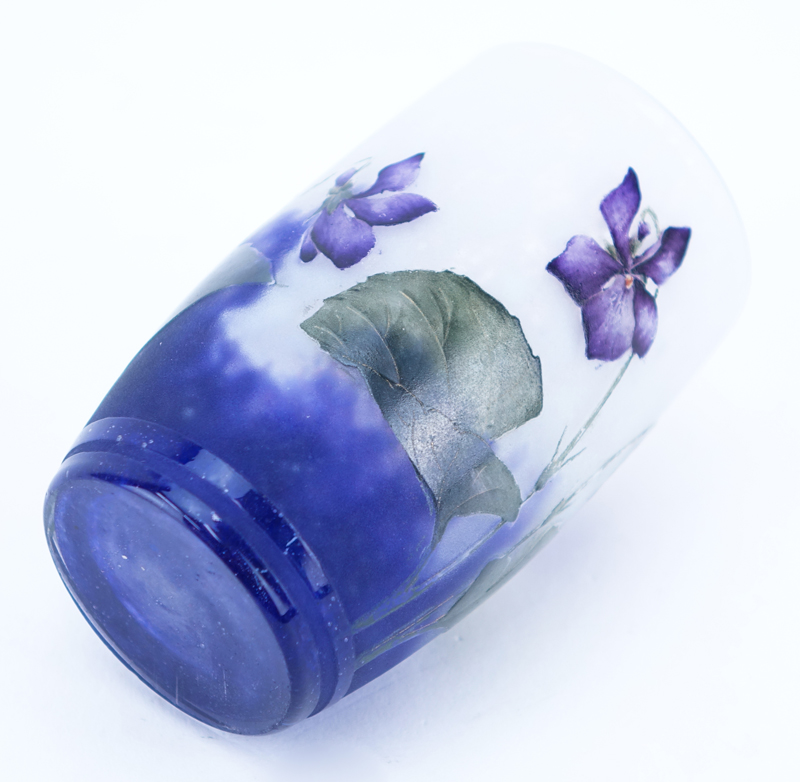 Art Nouveau Period Daum Nancy Cameo Glass Miniature Vase "Violets". Signed Daum Nancy. Good Condition.