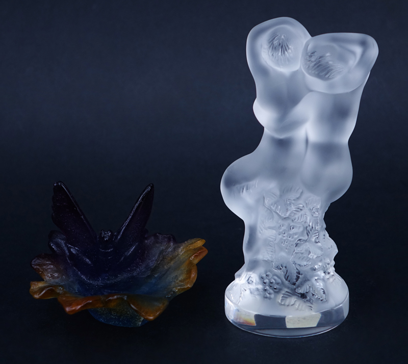 Daum Pate De Verre Butterfly On Leaf Dish and a Lalique "Le Faune" Crystal Figurine. Signed. Good condition. 